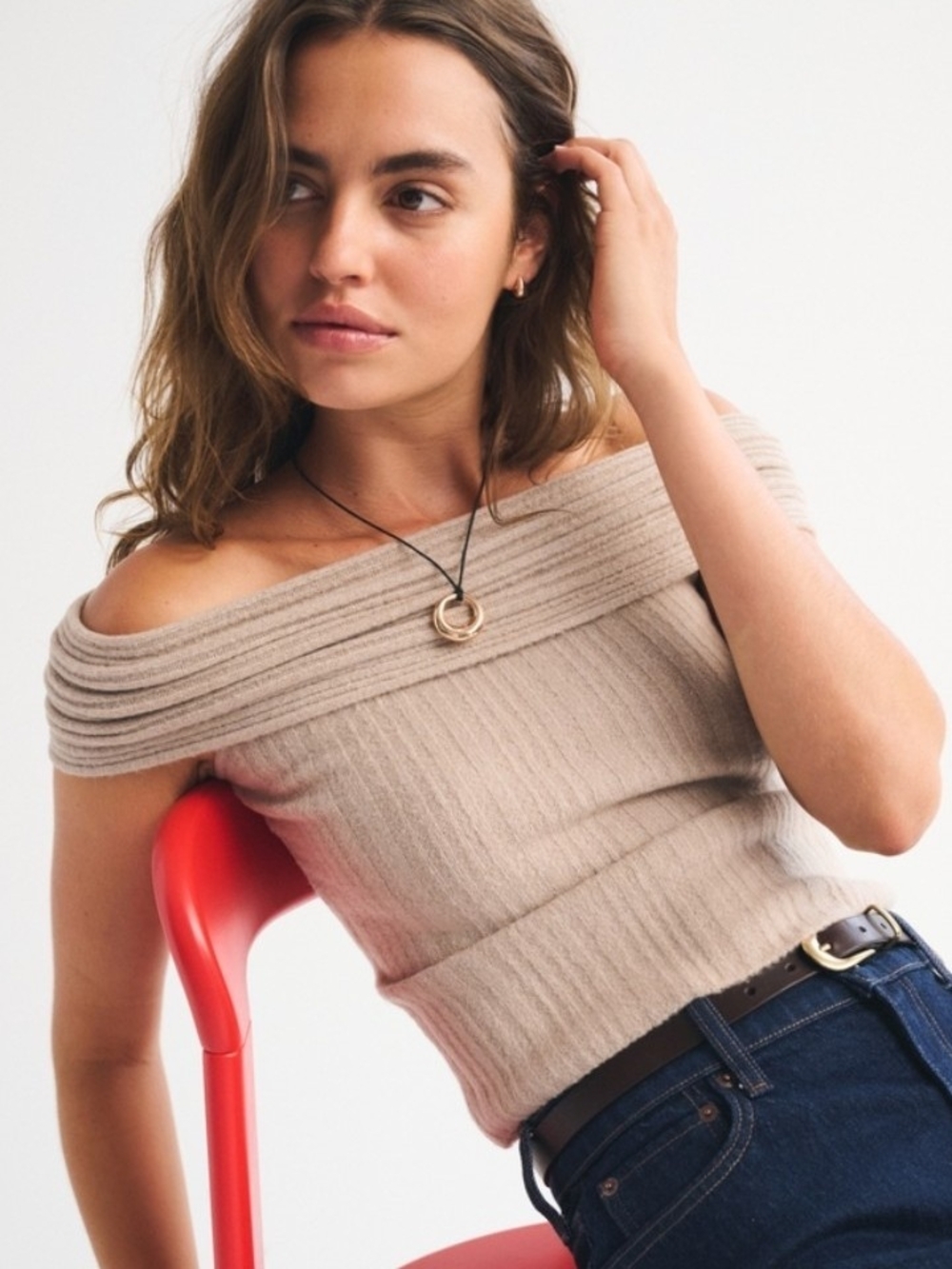 NWT Abercrombie & Fitch Ribbed Foldover Off-the-Shoulder Sweater Top In Beige M